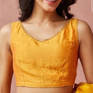 Fabindia Pure silk Yellow with golden embroidery Saree Blouse